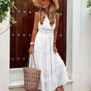 Isadora – Elegante Mouwloze Maxi Jurk met Kant en Hoge Taille