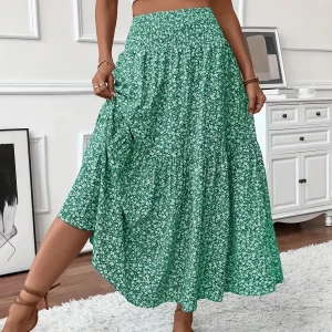 Casual Rok – Elastische Taille & Uitlopende Zoom met Bloemenprint